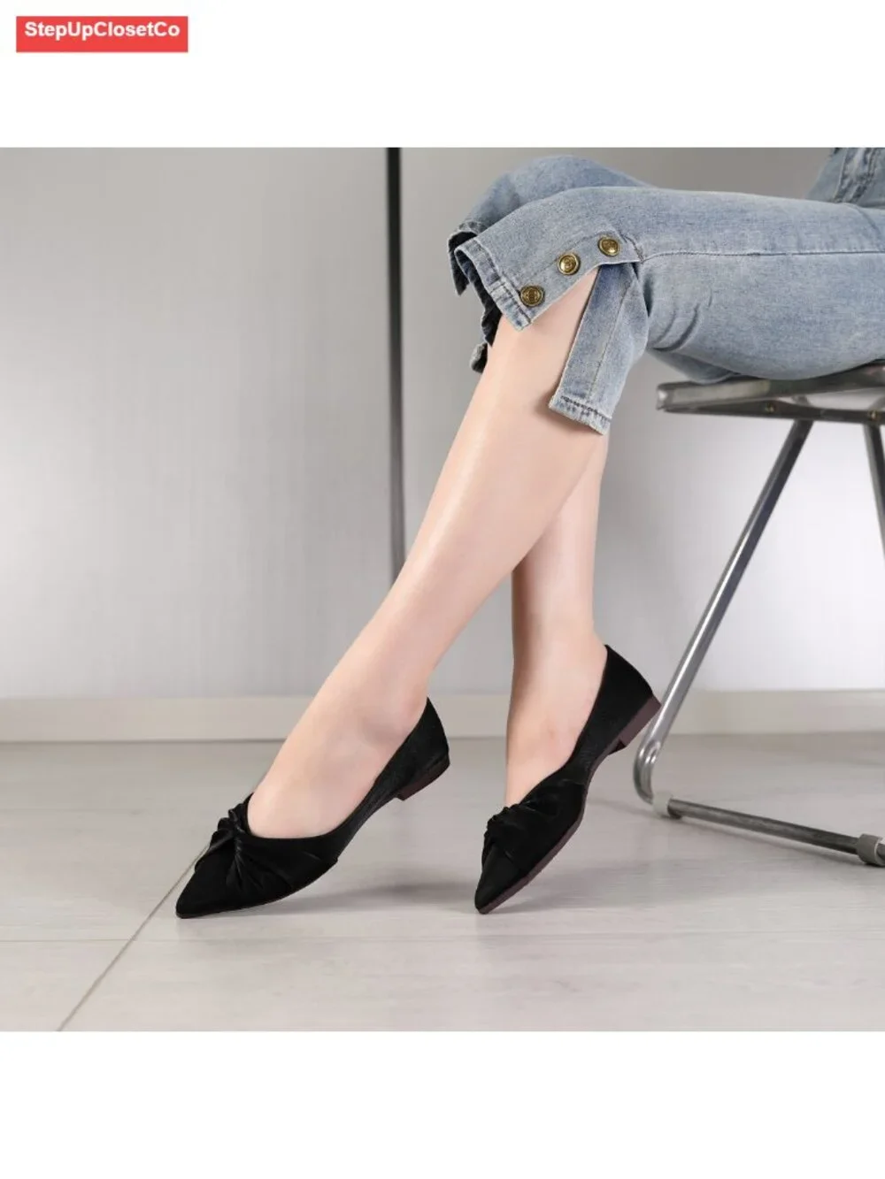 Satin Pointed Toe Bow Ballet Flats - Women's Dressy Casual Work Shoes
